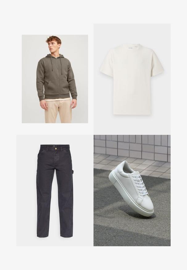 Jack & Jones JJEBRADLEY ZIP HOOD - Sweater met rits - bungee cord; Witte korte mouwen T-shirt met ribbelstructuur. Ronde hals, ontspannen pasvorm, geen zichtbare patronen of accenten. Eenvoudig en veelzijdig ontwerp.; Donkergrijze cargobroek van duurzaam materiaal, met een rechte pijp, vijf zakken en een knoopsluiting in de taille.; Witte leren sneaker met een glad oppervlak, ronde neus en platte witte veters. Voorzien van een gestructureerde rubberen zool en minimale ontwerpelementen.