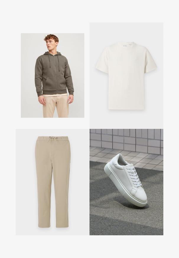 Jack & Jones JJEBRADLEY - Felpa con zip - bungee cord; T-shirt bianca a maniche corte in texture a coste. Girocollo, vestibilità rilassata, senza modelli o accenti visibili. Design semplice e versatile.; Pantaloni da lounge beige con vita elastica e cordoncino, caratterizzati da un Design dritto e una texture morbida e liscia.; Sneaker bianco in pelle con superficie liscia, punta rotonda e lacci piatti bianchi. Presenta una suola in gomma texturizzata e un design minimale.