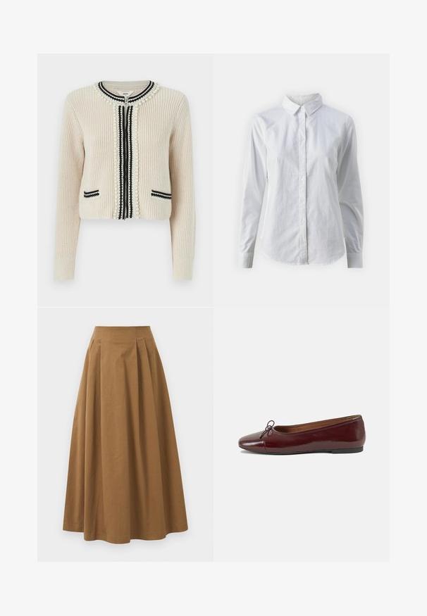 Cream cardigan with textured fabric, features pearl accents and black trim along the zipper and pockets. Cropped design with long sleeves.; White button-up shirt made of smooth cotton, featuring a classic collar, long sleeves, and a curved hem. Buttons are small and white.; Brown cotton A-line skirt with a high waist, featuring pleats down the front and a smooth texture. Hem finishes are clean and simple.; Burgundy patent leather ballet flat with a rounded toe, small bow accent at the front, and a low, black rubber sole. Smooth texture.