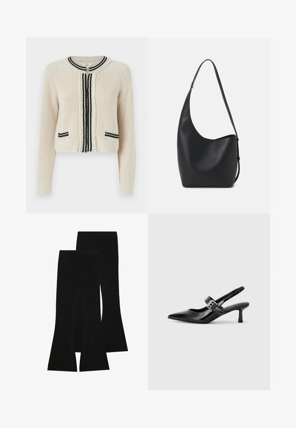 Gilet crème en tissu texturé, avec des accents en perles et un passepoil noir le long de la fermeture éclair et des poches. Design cropped avec des manches longues.; Haut à manches longues noir à col roulé, fabriqué en tissu côtelé, présente un design ajusté avec un col haut et sans motifs ni accents.; Pantalons noirs évasés en tissu extensible, dotés d'une taille haute et d'une texture lisse, avec une coupe ajustée qui s'évasent à partir du genou.; Escarpins slingback en cuir verni noir avec un bout pointu et un petit talon bloc, mettant en avant un accent en boucle argentée sur la sangle.; Sac hobo en cuir noir avec une texture lisse, une forme incurvée et une seule sangle réglable ; dispose d'une large ouverture en haut.