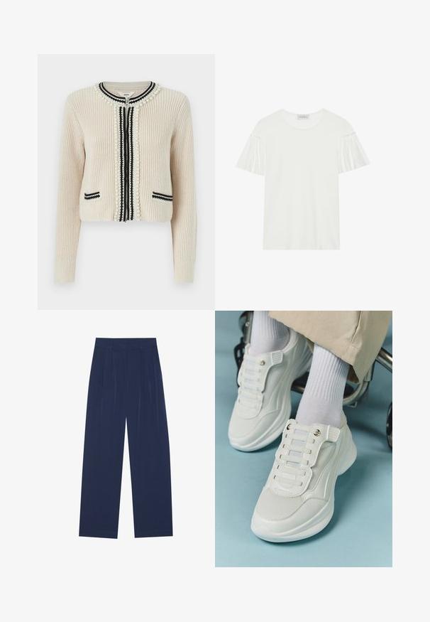 Cardigan creme com tecido texturizado, apresenta detalhes em pérola e acabamentos pretos ao longo do fecho e dos bolsos. Design cropped com mangas longas.; T-shirt branca com mangas curtas e franzidas. Feita de um tecido suave e liso. Apresenta um decote redondo e detalhes de costura discretos.; Calças largas azul-marinho feitas de um tecido suave, com plissados frontais, uma textura lisa e um corte recto sem bolsos visíveis.; Tênis brancos com material em rede, sola de borracha, design sem atacadores com faixas elásticas e detalhes em tom dourado.