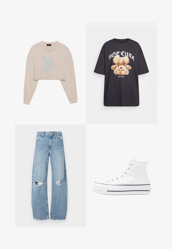 Beige lühikeste varrukatega dressipluus pikkade varrukatega, millel on hele sinine graafika hobuse ratsutajast ning selle ümber ringikujuline tekst. Pehme tekstuur, mugav lõige.; Musthave musta t-särk, millel on karu graafika ja tekst "EI NII NÄDALA, KUID MÄRG" paksult valgete tähtedega. Puuvillane materjal.; Heledad hallideega sinised teksad, millel on kõrge talje. Teksade jalgadel on lai alus, kaks rebitud kohta põlvede ümber ning klassikaline viie tasku stiil.; Valge kõrgem kangast tenniseking, millel on must kummist tald, ees kummist varvasetugi ja kuus aukku paelte jaoks, pakkudes puhta ja minimalistliku disaini.