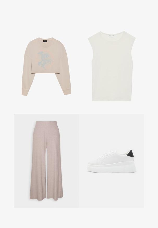 Beige lühikeste varrukatega dressipluus pikkade varrukatega, millel on hele sinine graafika hobuse ratsutajast ning selle ümber ringikujuline tekst. Pehme tekstuur, mugav lõige.; Valge ilma varrukateta topp ümmarguse kaelusega. Valmistatud siledast kangast, sellel on mugav lõige ja minimalistlik disain. Ei ole mustreid ega aksessuaare.; Heledad hallharged püksid, mis on valmistatud pehmest, soonilisest kangast, kõrge vöökoht ja täispikkade jalgadega, millel on õrn tekstuur.; Valged platvormsneakerid, mis on valmistatud siledast sünteetilisest materjalist, ovaalse toe, paelkinnise disaini ja tekstuurse kummitaldiga. Must kontsrihm.