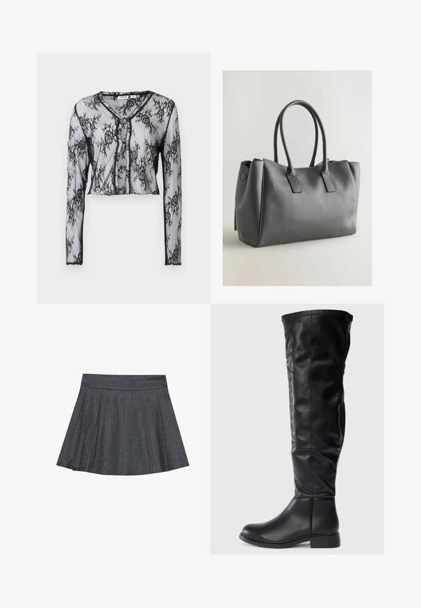 Transparent svart spets med långa ärmar och blommönster, kort design, V-ringning och knäppning framtill. Mjuk textur.; Svart strapless topp i stretchigt material, åtsittande design, slät textur. Kallad med krämfärgade vida jeans och lager på lager-halsband.; Grårandig skaterkjol med en åtsittande midja, utsvängd A-linjeform och mjuk tygtextur. Vertikala linjer ökar den visuella intresset.; Svarta knähöga stövlar gjorda av slätt läder, med rund tå, låg blockklack och ett något lösare skaft med sömdetaljer.; Grå läderhandväska med dubbla handtag, rektangulär form, slät yta och minimalistisk design. Har platta sidopaneler och subtil sömnad.