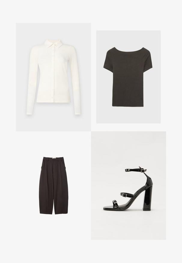 Valkoinen, pitkähihaisten ribbipaitojen, joissa on kaulus ja napitus edessä. Kangas näyttää pehmeältä, hienovaraisella tekstuurilla ja muotoillulla designilla.; Tummanharmaa lyhythihainen paita, jossa on venepääntie. Valmistettu ribbikankaasta, jossa on rento istuvuus ja siisti helmaviimeistely. Yksinkertainen muotoilu, ilman kuvioita.; Mustat leveälahkeiset housut, jotka on valmistettu sileästä kankaasta. Niissä on korkea vyötärö, etupleatsit ja sivutaskut. Yksinkertainen muotoilu ilman koristeita.; Musta kiiltävä korkokenkä sandaalit neliönmuotoisella varpaalla, nilkkaremmillä ja hopeisilla soljilla. Varustettu tukevalla lohkokorkealla vakauden takaamiseksi.