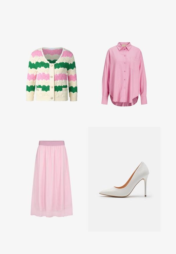 Stickad kofta med ett scallop-mönster i grönt, rosa och krämfärgat, med rundad halsringning, framknappar och två framfickor.; Ljusrosa skjorta med knappar, krage, långa ärmar, en enkel bröstficka och en något böjd nederkant. Tyget verkar mjukt.; Rosa tyllkjol med en mjuk, genomskinlig design. Har en elastisk midja och en svävande silhuett som skapar en lager-effekt.; Vit patentläder högklackad pumpsko med spetsig tå och smal stilettklack, med en slät yta och en beige inredning.