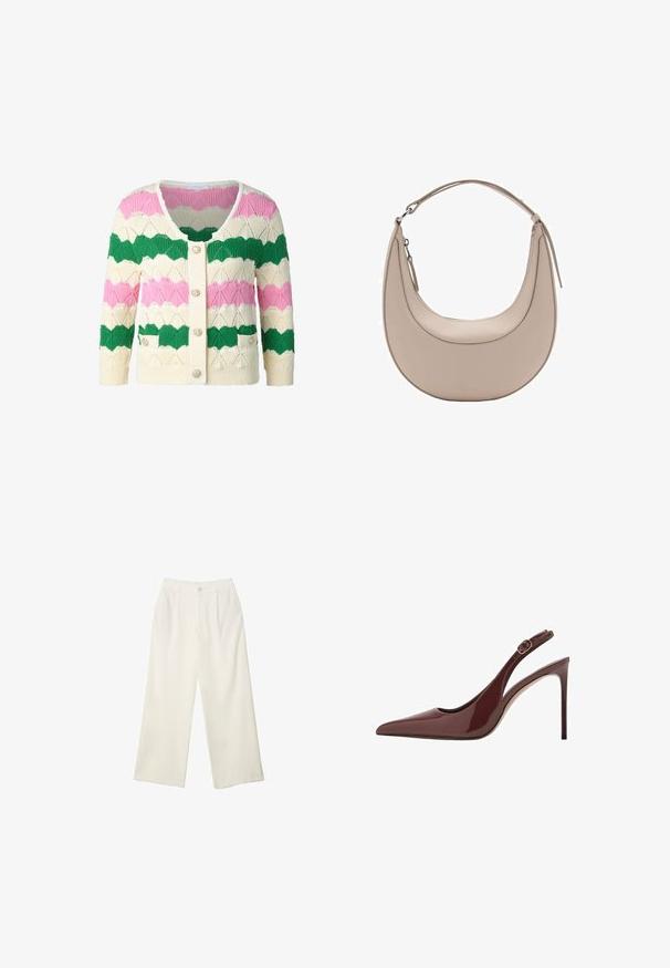Pletena jopica z obliki školjk v zeleni, roza in kremni barvi, z zaobljenim izrezom, sprednjimi gumbi in dvema sprednjima žepoma.; Tan rebrast top z kratkimi rokavi z okroglim izrezom in mehko teksturo, ki se ponaša s prilegnjenim dizajnom, ki poudarja obliko in konture.; Hlače širokih nogavic iz kremaste tkanine z gladko teksturo, z enim sprednjim gumbom, diskretnimi plisami in visokim pasom.; Temno rjava paten usnjena visoka peta s koničastim nosom in nastavljivim zaponko ter tankim stiletto petam.; Bež usnjena torba za rame v obliki kružnice, z gladko teksturo in eno ukrivljeno zanko. Ima zadrgo in urejen šiv.