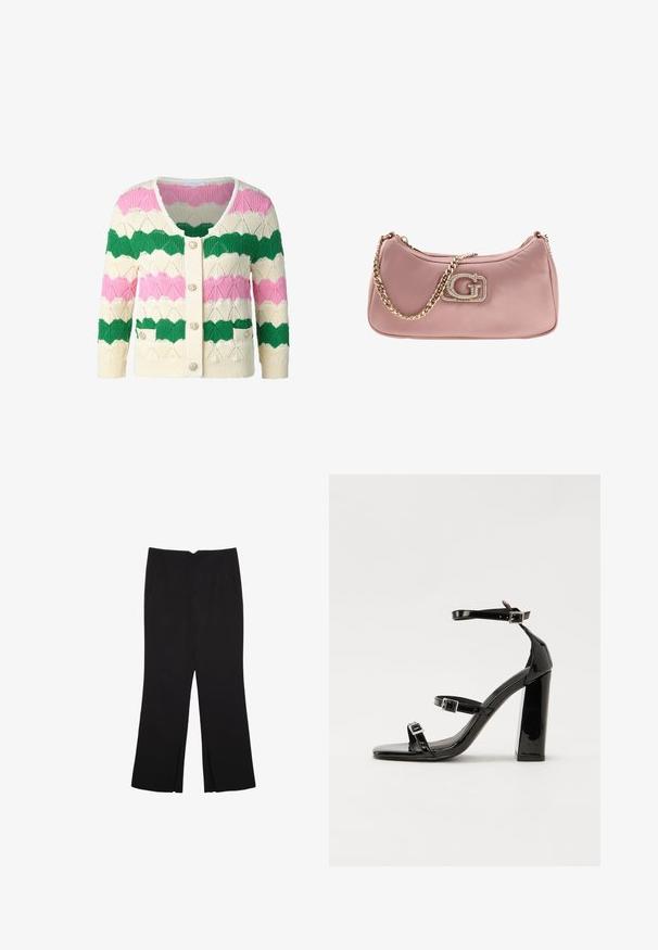 Cardigan en tricot avec un motif en forme de vagues en vert, rose et crème, doté d'un col rond, de boutons sur le devant et de deux poches avant.; Haut sans manches blanc avec un col rond. Fabriqué en tissu lisse, il présente une coupe décontractée et un design minimaliste. Pas de motifs ni d'accents.; Pantalon noir avec une coupe droite, doté de poches avant et d'éclairs sur l'ourlet. Fabriqué en tissu doux et lisse. Convient à diverses occasions.; Sandales à talons vernies noires avec un bout carré, des sangles autour de la cheville et des boucles en argent. Dotées d'un talon bloc épais pour plus de stabilité.; Sac à main en satin rose avec une bandoulière en chaîne dorée et un logo en cristal proéminent sur le devant. Texture lisse et forme arrondie.