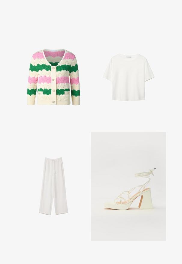 Strickjacke mit einem gewellten Muster in Grün, Pink und Creme, runder Halslinie, vorderseitigen Knöpfen und zwei vorderen Taschen.; Weißes T-Shirt mit kurzen Ärmeln aus Baumwolle. Hat einen Rundhalsausschnitt und eine lockere Passform. Glatte Textur ohne sichtbare Muster oder Akzente.; Weiße weit geschnittene Hose aus leichtem Stoff. Mit einem elastischen Bund und Kordelzug sowie Seitentaschen. Glatte Textur.; Weiße High-Heel-Sandale mit einem klobigen Absatz, die über ein Riemchendesign und ein Knöchelband verfügt. Glatte Textur mit einer Plattform vorne für zusätzliche Höhe.