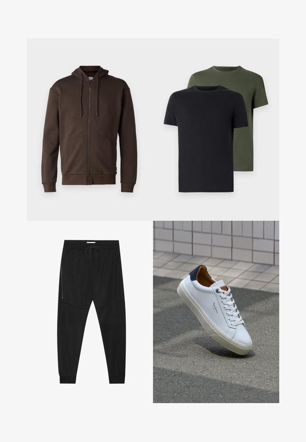 Jack & Jones JJEBRADLEY - Tröja med dragkedja - mulch; Två crew-neck t-shirts i svart och olivgrön, tillverkade av mjukt bomullstyg. Designen är enkel med korta ärmar och rak passform.; Svarta träningsbyxor i texturerad tyg, med justerbart midjeband, ficka med dragkedja på sidan och avsmalnande muddar.; Vita lädersneakers med en marinblå häl, rund tå och kontrasterande bruna detaljer. Har plana snören och en texturerad gummisula.