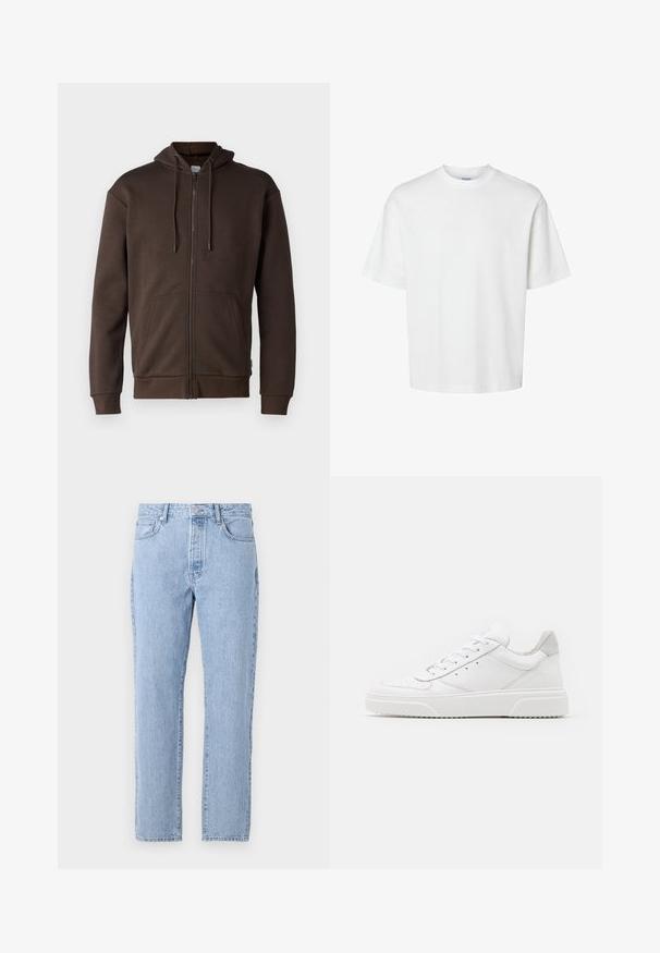 Jack & Jones JJEBRADLEY ZIP HOOD - Jaka ar rāvējslēdzēju - mulch; Balts kokvilnas T-krekls ar īsām piedurknēm, apaļu kakla izgriezumu un brīvu piegriezumu. Gluda tekstūra bez redzamām rakstu vai akcentu detaļām.; Gai zila džinsu bikses ar taisnu kāju dizainu, piecām kabatām un pogu aizdari. Mīksta tekstūra ar klasisku izsistumu.; Baltie ādas sporta apavi ar gludu virsmu, noapaļotu purngalu, plakaniem šņorēm un reljefa zoli. Pelēks zamšādas akcenti pie papēža.