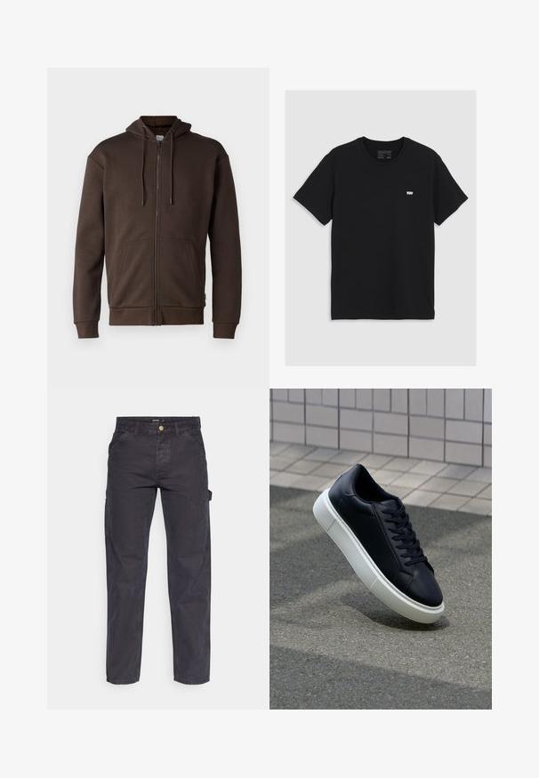 Jack & Jones JJEBRADLEY ZIP HOOD - Sweat zippé - mulch; T-shirt en coton noir à manches courtes, col rond, présentant un petit logo blanc Levi's sur la poitrine, texture lisse, coupe classique.; Pantalons cargo gris foncé en tissu durable, avec une coupe droite, cinq poches et une fermeture à bouton à la taille.; Baskets noires en cuir avec bout arrondi et semelle en caoutchouc blanc. Elles présentent des lacets plats et une couture minimale sur la tige. Semelle texturée pour une bonne adhérence.