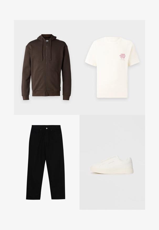 Jack & Jones JJEBRADLEY ZIP HOOD - Sweater met rits - mulch; Witte T-shirt met korte mouwen met rode tekst "Studio Originals Edition" op de linker borst, weergegeven op een neutrale grijze achtergrond.; Zwarte denim broek met een recht gesneden pasvorm, vijf gebruikersvriendelijke zakken en een sluiting met een knoop aan de voorkant. Soepele textuur met minimale stikdetails.; Witte instap sneakers met een gestructureerd oppervlak, een dikke zool en een minimalistisch ontwerp. Bevat het merklogo aan de zijkant.