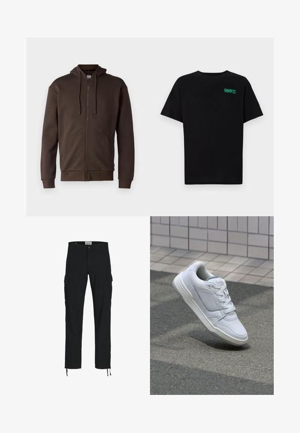 Jack & Jones JJEBRADLEY ZIP HOOD - Felpa con zip - mulch; T-shirt nera in cotone con maniche corte. Presenta un logo verde "ROOTS" sulla parte frontale, colletto rotondo e vestibilità standard.; Pantaloni cargo neri con taglio dritto, dotati di tasche laterali, chiusura con bottone e coulisse elastiche alle caviglie. Realizzati in tessuto resistente.; Sneaker bianca in pelle con lati perforati, accenti testurizzati, lacci piatti e tallone grigio a contrasto. Presenta una suola leggermente elevata.