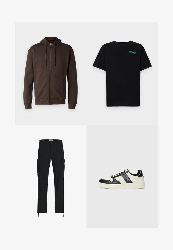 Jack & Jones JJEBRADLEY ZIP HOOD - Mikina so zipsom - mulch; Čierne tričko s krátkymi rukávmi vyrobené z bavlny. Na prednej strane má zelené logo "ROOTS", okrúhly výstrih a štandardný strih.; Čierne cargo nohavice so striha s priamym strihom, s bočnými vreckami, zapínaním na gombík a elastickými šnúrkami na členkoch. Vyrobené z odolnej tkaniny.; Kožené tenisky v čierno-krémovej farbe, s perforovanými akcentmi, polstrovaným golierom a štruktúrovanou podrážkou.