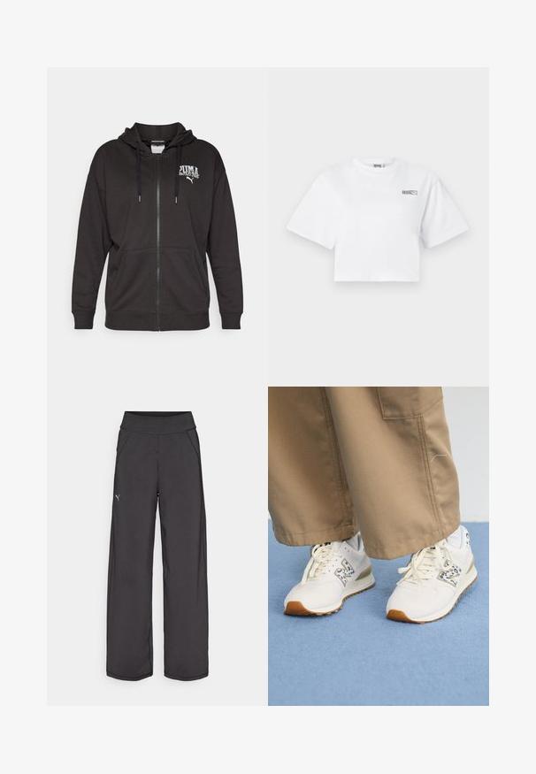 Musta napitusega kapuutsi hoodie, mis on valmistatud pehmest kangast, sisaldab nööri kapuutsi, känguru taskuid ja valget tikandiga logo rinnal.; Valge lühikeste varrukatega lõigatud t-särk väikese "HOSIE" ja Puma logoga vasakul ülal rinnal.; Mustad musta värvi sportliku lõikega püksid, laia vöökohaga, küljetaskutega ja lapikutest õmblustest. Vasakul säärel on väike logo. Valmistatud siledast ja venivast kangast.; Valged sportlikud kingad tekstuuriga, beeži kummitaldaga. Need sisaldavad sinist loomamustrit ja lamedaid beeže nööre, millele on sobitatud beežid püksid.