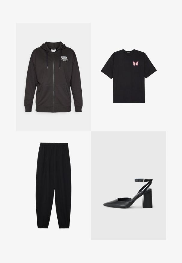 Sweatshirt preta com fecho éclair, feita de tecido suave, com capuz ajustável, bolsos canguru e um logótipo bordado branco no peito.; T-shirt de algodão preto com mangas curtas, apresentando um pequeno gráfico de borboleta rosa no lado esquerdo do peito. Design de gola redonda com um corte solto.; Calças pretas, leves, com um cinto elástico e punhos franzidos. O tecido é suave e apresenta um design relaxado e afunilado.; Sandal com biqueira afilada em couro preto, com cinta no tornozelo e salto grosso. Textura lisa, design elegante e estética minimalista.