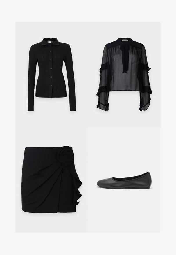 Mustri musta kardigan kaeluse, pikkade varrukate ja nööpidega esise Closure'iga. Omab tekstuurset pinda ja slim-fit disaini.; Must mustrakk, pikendatud, volangidega varrukad ja nööriga kaelus. Omab kerget kangast ja vaba lõiget, sobib kihiliseks kandmiseks.; Must.arm must kindel, pehmest kangast, pleeditud disainiga. Küljel on kangast roosi aksessuaar ja volangäär.; Musthave mustika tantsutossud mustast nahast, ümmarguse varbaga, siledast tekstuurist, minimaalse õmblusdetailiga ja paindliku tallakujundusega.