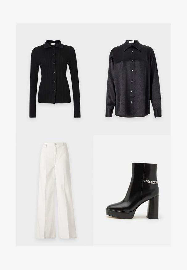 Zwarte geribbelde cardigan met een kraag, lange mouwen en knoopsluiting aan de voorkant. Beschikt over een gestructureerd oppervlak en een aansluitend ontwerp.; Zwarte blouse met lange mouwen en een kraag, voorzien van een gekreukt oppervlak, volwaardige knopen aan de voorkant en manchetten. Gemaakt van een gladde stof.; Witte wijde-broek gemaakt van katoen met een gladde textuur. Voorzien van een knoop aan de voorkant, ritsopening en vierzakkenontwerp.; Zwarte gepoetste leren enkelboot met een chunky plateau en hoge blokhak. Kenmerkt zich door een zilveren kettingaccent aan de zijkant. Glad textuur.