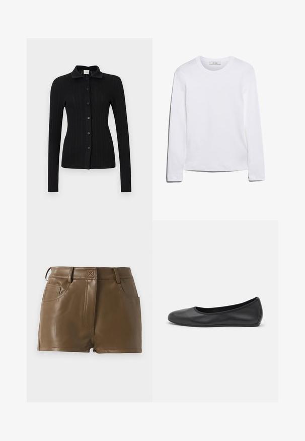 Black ribbed cardigan with a collar, long sleeves, and button front closure. Features a textured surface and fitted design.; Long-sleeve white T-shirt made of ribbed cotton, featuring a round neckline and a straight hem. Simple design with no patterns or accents.; Brown faux leather shorts with a fitted design, waistband with belt loops, front pockets, and visible stitching details.; Black leather ballet flat with a rounded toe, smooth texture, minimal stitching detail, and a flexible sole design.