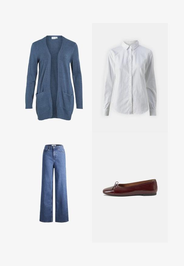 Długi rękaw, rozpinany kardigan w ciemnoniebieskim, dzianinowym materiale z dwiema przednimi kieszeniami i prążkowanymi mankietami. Miękka tekstura, luźny krój.; Biała koszula zapinana na guziki, wykonana z gładkiej bawełny, z klasycznym kołnierzykiem, długimi rękawami i zaokrąglonym dołem. Guziki są małe i białe.; Jasnoniebieskie dżinsy o szerokich nogawkach i wysokim stanie, z dwoma przednimi kieszeniami i widocznym przeszyciem. Posiadają zamek błyskawiczny i zapięcie na guzik.; Bordowe baleriny z lakierowanej skóry z zaokrąglonym noskiem, małą kokardką z przodu oraz niską, czarną gumową podeszwą. Gładka tekstura.