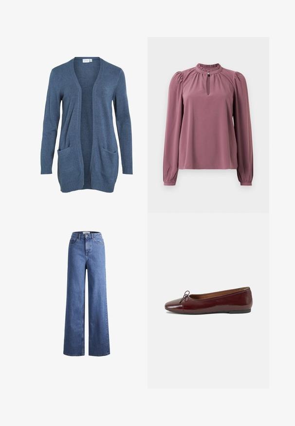 Tamsiai mėlynas megztas džemperis su ilgomis rankovėmis ir atviru priekiu, turintis dvi priekines kišenes ir raukiniais išdėstytus rankogalius. Minkšta tekstūra, laisvas siluetas.; Ilga rankovė mauve spalvos bluzonė su surinkta apykakle, raktų skylutės iškirpte su mygtuko uždarymu ir šiek tiek pūstomis petnešomis.; Šviesiai mėlynos džinsinės kelnės plačiu sijonu ir aukštu liemeniu, su dviem priekinių kišenių ir matomu siuvimu. Su mygtuko ir užtrauktuko uždarymu.; Bordo lakiotos odos baleto bateliai su apvalia nosimi, maža kaspinėlio akcentu priekyje ir žema juoda guma padanga. Lygi tekstūra.