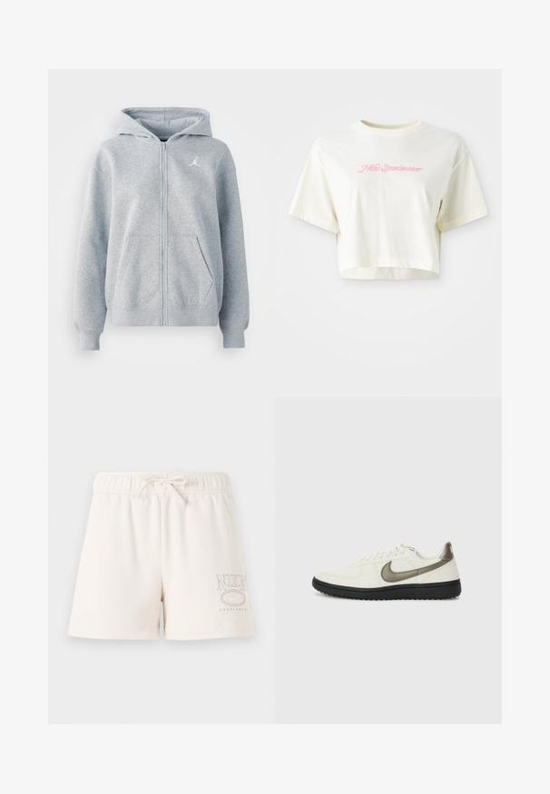 Fleece cinza com fecho, feita de tecido suave. Apresenta um bolso canguru, punhos canelados e um logotipo branco no lado esquerdo do peito.; T-shirt cortada, de cor creme, feita de algodão. Apresenta um logo bordado em rosa que diz "Nike Sportwear". Com mangas curtas e gola redonda.; Calções de algodão bege claro com um cós elástico, cordão ajustável e o logótipo "NIKE SPORTSWEAR" impresso em castanho claro de um lado.; Nike Sportswear FIELD GENERAL - Sapatilhas - off-white/black