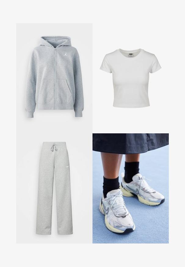 Szürke, cipzáras kapucnis pulóver, puha anyagból készült. Kanguru zsebbels rendelkezik, bordázott mandzsettákkal és egy fehér logóval a bal mellkaskörnyéken.; Fehér pamut póló klasszikus kerek nyakkal, rövid ujjal és testhezálló szabással. Nincsenek látható minták vagy díszítések.; Szürke melegítőnadrág, elasztikus derékkal, zsinóros részletekkel és egy kis fehér Nike logóval a bal combon. Puha anyag, laza fazon.; Fehér és ezüst Nike sportcipők hálós anyagból, fényvisszaverő részletekkel és bézs talppal. Fekete zoknival viselve, egy kék felületen állva.