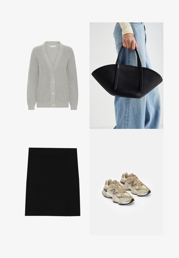 Pilkos megztos kardiganas su V formos iškirpte, raukšlėta tekstūra, penkiomis mygtukais priekyje ir ilgomis rankovėmis. Lengvas ir universalaus dizaino.; Balta trumpa rankovė t-shirt pagaminta iš medvilnės, su apvalia iškirpte ir laisvu siluetu. Lygus paviršius, be matomų raštų ar dekoracijų.; Juoda mini sijonas, pagamintas iš švelnios medžiagos, su prigludusia forma, su lengva plyšyje šone tam, kad suteiktų papildomą akcentą.; Šviesiai rudos sportbačiai, pagaminti iš tinklinės ir zomšos medžiagų. Ypač išryškintas juodas logotipas ir tekstūruoti akcentai. Storas baltas tarpkalnis ir juodas gumos padas.; Juodas odinis rankinis uždangalas unikaliu ventiliatoriaus formos dizainu, turintis plokščias rankenas. Paviršius turi akmeninė tekstūrą ir minimalistišką dizainą.