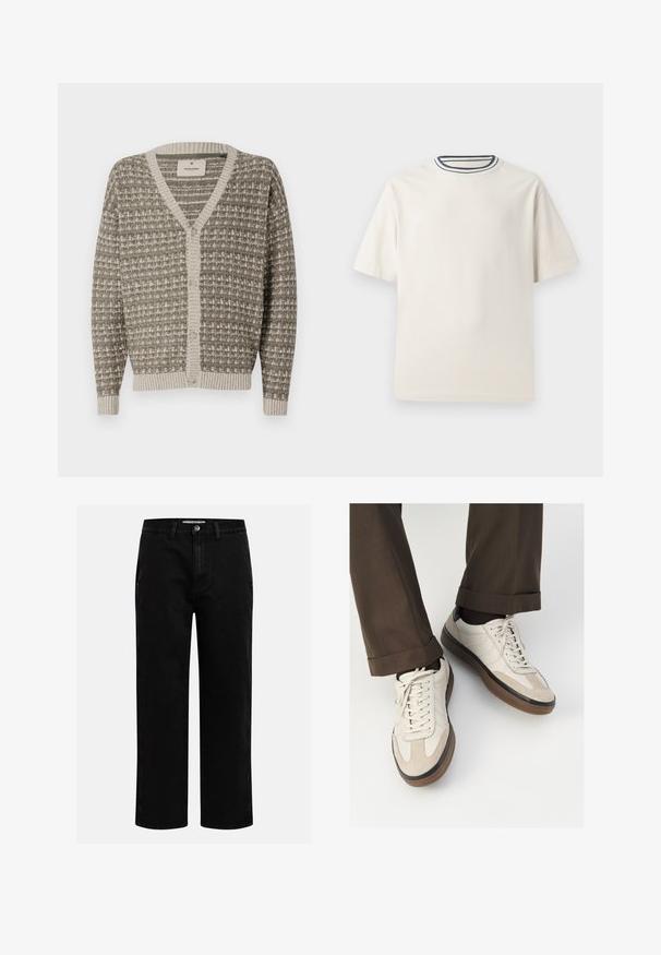 Pletená bunda v béžových a hnedých tónoch, s výstrihom do V, zapínaním na gombíky a rebrovanými manžetami, s textúrovanými kockovanými vzormi.; Krémové bavlnené tričko s krátkymi rukávmi, s okrúhlym výstrihom doplneným námorníckymi a bielymi pruhmi. Hladká textúra, voľný strih.; Čierne džínsové nohavice so strihom rovného nohu, klasickým dizajnom s piatimi vreckami a gombíkovým zapínaním v páse. Hladká textúra a odolná tkanina.; Béžové tenisky s textúrovanou zamšovou prednou časťou, hladkými koženými bočnými stranami a hnusou gumovou podrážkou. Obsahujú šnúrky a svetlé stehy ako detail.