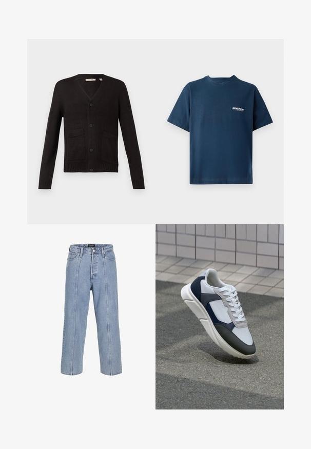 Black knitted cardigan with a v-neck, front button closure, and two front pockets. Ribbed cuffs and hem, textured fabric.; Navy blue cotton t-shirt with short sleeves and a round neckline. Features a small white logo on the left chest area. Soft texture.; Light blue denim jeans with a loose fit, wide legs, and visible stitching details. Features a button and zip fly closure, five pockets.; White, navy, and gray sneaker with a mixed material design, featuring a textured upper, flat laces, and a cushioned sole.