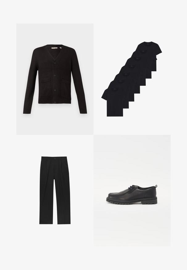 Zwarte gebreide cardigan met een V-hals, knoopsluiting aan de voorkant en twee voorkanten zakken. Ribgebreide manchetten en zoom, gestructureerde stof.; Set van acht zwarte katoenen T-shirts met korte mouwen en een ronde hals, met een eenvoudige uitstraling en een zachte textuur.; Zwarte broeken met een recht model, gemaakt van een gladde stof. Voorzien van een voorplooien en een enkele knoopsluiting bij de taille.; Zwarte leren schoenen met een ronde neus, textuurstiksels, een laag profiel ontwerp en een rubberen zool met diepe profielen voor grip.
