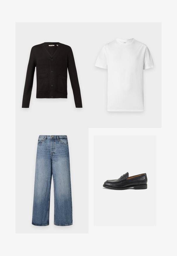Sort strikmalet cardigan med v-hals, frontknaplukning og to forlommer. Ribbet manchetter og kant, tekstureret stof.; Hvid kortærmet t-shirt lavet af blød bomuld. Har en rund halsudskæring og en lige kant med minimal detaljering.; Vidde ben blå denim jeans med en falmet vask, fem-lomme design og knaplukning. Udstyret med bælteløkker og sømdetaljer.; Sorte læder loafers med en glat finish, rund tå og dekorativ syning på vampen. Lav stablet hæl og let glans.