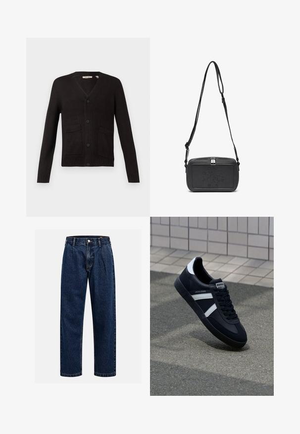 Schwarze Strickjacke mit V-Ausschnitt, Knopfverschluss vorne und zwei Fronttaschen. Gerippte Ärmelbündchen und Saum, strukturierter Stoff.; Cremfarbendes Baumwoll-T-Shirt mit kurzen Ärmeln und Rundhalsausschnitt. Verfügt über einen grafischen Druck in Blau und Rot mit Text und Motiv.; Dunkelblaue Denim-Jeans mit geradem Bein. Mit sichtbaren Nähten, einem Knopfverschluß und Frontfalten für zusätzliche Details.; Schwarze Leder-Sneaker mit weißen Streifen, strukturiertem Gummisohle und Schnürung. Verfügt über ein Markenetikett auf der Zunge.; Schwarze Leder-Crossbody-Tasche mit einem Reißverschluss, geprägtem Logo auf der Vorderseite und verstellbarem Riemen. Glatte Textur mit rechteckiger Form.