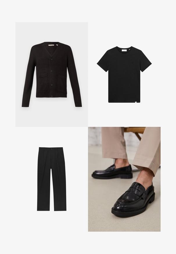 Cardigan nero lavorato a maglia con scollatura a V, chiusura frontale con bottoni e due tasche anteriori. Polsini e orlo a costine, tessuto testurizzato.; T-shirt nera a maniche corte in cotone, con scollatura rotonda e un piccolo logo ricamato sul petto. Tessuto liscio, vestibilità standard.; Pantaloni neri con un design a gamba dritta, realizzati in un tessuto liscio. Presentano pieghe frontali e una chiusura a un bottone in vita.; Mocassini in pelle nera con finitura liscia, dotati di una cintura decorativa e cuciture a contrasto, abbinati a pantaloni beige.