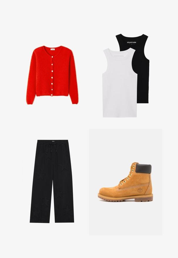 Cardigan rouge en tricot fabriqué à partir d'un matériau doux, avec un col rond, des manches longues et des boutons blancs sur le devant.; Deux débardeurs ajustés en noir et blanc. Fabriqués en coton côtelé, ils disposent de larges bretelles et d'un col arrondi. Marque sur le col.; YOURTURN UNISEX - Pantalon de survêtement - black; Bottine en cuir marron avec rembourrage noir, œillets dorés et semelle texturée. Présente un logo circulaire sur le côté et des accents de couture.