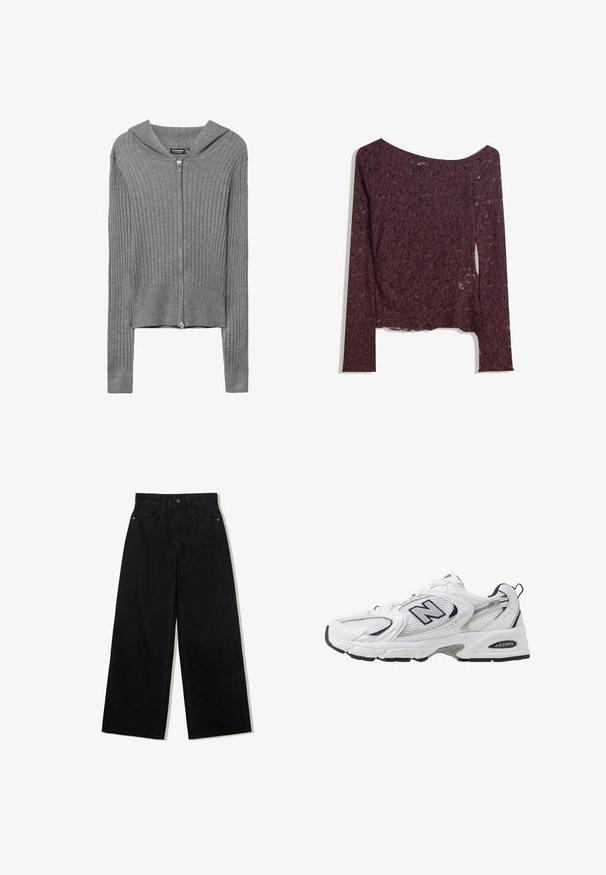Šedý rebrovaný pletený kardigán s kapucňou, plným zipsom, dlhými rukávmi a voľným strihom. Tkanina má jemnú textúru s miernou pružnosťou.; Čipkovaná blúzka s dlhými rukávmi v hlbokej burgundskej farbe, s off-shoulder strihom, kvetinovými vzormi a mierne priesvitnou textúrou s rovnými okrajmi.; Čierne, široké džínsy z denimu s vysokým pásom, obsahujúce dizajn s piatimi vreckami a jedným gombíkom na zapínanie vpredu.; Biele športové topánky s priedušným vrchným materiálom, námorníckymi akcentmi a polstrovanou podrážkou. Obsahujú logo "N", šnúrky a textúrovaný detail na boku.