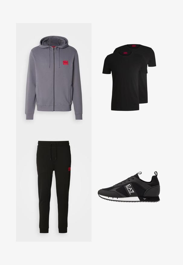 Felpa grigia con zip e cappuccio regolabile, tasche laterali, polsini a coste e una toppa quadrata rossa sul lato sinistro del petto. Texture liscia.; Due magliette di cotone nere con maniche corte e scollo rotondo. Entrambe presentano un'etichetta rossa del marchio sul collo. Design semplice e classico.; Pantaloni felpati neri realizzati in tessuto morbido, con vita regolabile tramite cordoncino, vestibilità slim e una patch rossa con logo sulla coscia sinistra.; EA7 Emporio Armani Sneakers basse - black/white