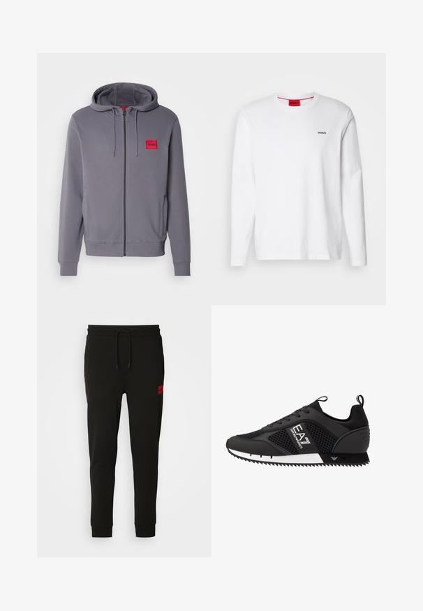 Grauer Reißverschluss-Hoodie mit einer Kordelzugkapuze, seitlichen Taschen, gerippten Bündchen und einem roten quadratischen Logo-Patch auf der linken Brust. Glatte Textur.; Weißes Langarmshirt aus Baumwolle mit Rundhalsausschnitt, schwarzem "HUGO"-Logo auf der linken Brust und glatter Textur.; Schwarze Sweatpants aus weichem Stoff, mit einem Kordelzugbund, schmaler Passform und einem rotenLOGO-Patch am linken Oberschenkel.; EA7 Emporio Armani LACES UNISEX - Sneaker low - black/white