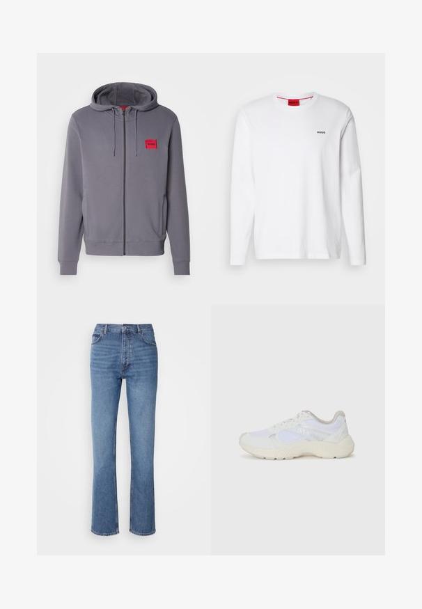 Sivá mikina s kapucňou a zipsom, so šnúrkou na kapucni, bočnými vreckami, rebrovanými manžetami a červeným štvorcovým logom na ľavej hrudi. Hladký povrch.; Biela dlhá bavlnená košeľa s dlhým rukávom, so zaobleným výstrihom, čiernym logom "HUGO" na ľavej hrudi a hladkou textúrou.; Modré denimové džínsy s vysokým pásom, rovnými nohavicami a jemným vyblednutím. Majú klasický strih s piatimi vreckami a zapínanie na zips.; Biele atletické topánky vyrobené z materiálov sieťoviny a semišu, s textúrovanou strednou podošvou, textúrovanými akcentmi a logom "HUGO" na boku.