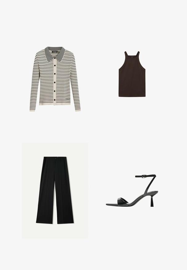 Sweter w paski z kołnierzykiem, w pionowe czarne i kremowe paski, z zapięciem na guziki i rękawami wykończonymi ściągaczem.; Massimo Dutti - Top; Bershka WIDE czarny; Bershka - Sandały na obcasie