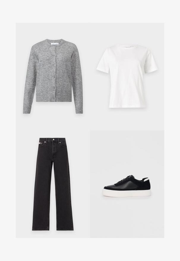 Grauer Wollcardigan mit Knöpfen, gerippten Bündchen und Saum. Rundhals, weiche Textur, taillierte Passform. Keine sichtbaren Muster oder Akzente.; Weißes Baumwoll-T-Shirt mit kurzen Ärmeln, Rundhalsausschnitt und lockerer Passform. Glatte Textur, keine Muster oder Akzente, minimalistisches Design.; Schwarze weit geschnittene Jeans aus Denim mit einem hoch sitzenden Bund, fünf Taschen und einem Metallknopfverschluss mit kontrastierendem Nähte.; Schwarze Sneakers mit glattem Leder und Wildleder-Einsätzen, flachen Schnürsenkeln, runder Zehenpartie und einer weißen Gummisohle. Deutliches Logo an der Ferse.