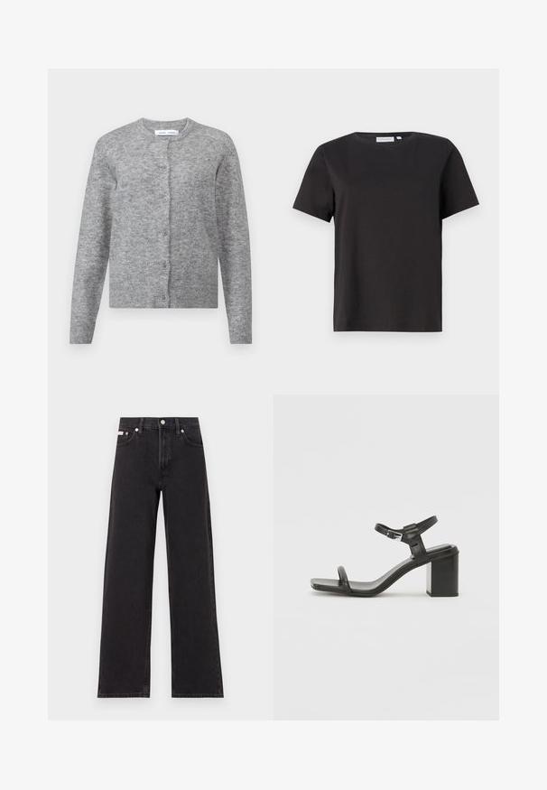 Cardigan gri din lână cu nasturi, cu manșete și margine ribate. Decolteu rotund, textură moale, design potrivit. Fără modele sau accente vizibile.; Tricou negru din bumbac, cu mâneci scurte, de tip crew neck, cu un design simplu și curat. Fără modele sau embellishments vizibile.; Jeanși negri cu picioare largi, fabricați din denim, cu talie înaltă, stil cu cinci buzunare și închidere cu nasture metalic, cu cusături contrastante.; Sandal din piele neagră cu toc bloc, cu o curea lată peste degete și o curea ajustabilă la gleznă, având un design elegant și minimalist.