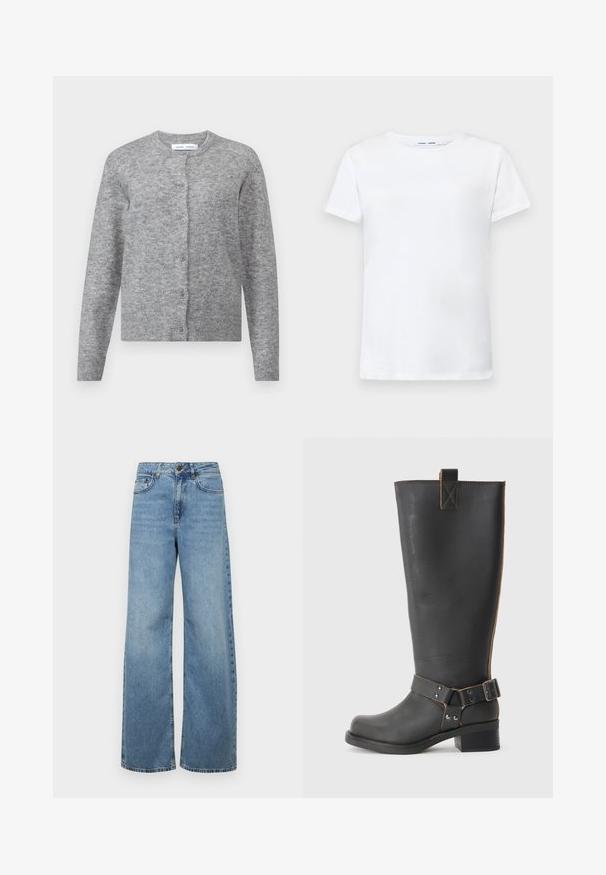 Cardigan gri din lână cu nasturi, cu manșete și margine ribate. Decolteu rotund, textură moale, design potrivit. Fără modele sau accente vizibile.; Tricou alb cu mâneci scurte, fabricat din bumbac, cu design de guler rotund. Textură netedă și croială dreaptă, fără modele sau accente.; Jeans largi de culoare albastru deschis, din denim, cu talie înaltă, buzunare frontale și un design clasic cu cinci buzunare, având o decolorare subtilă.; Cizmă înaltă din piele neagră, cu un finisaj texturat, având un accent cu cataramă pe lateral și un toc mic. Cusături detaliate de-a lungul cusăturilor.
