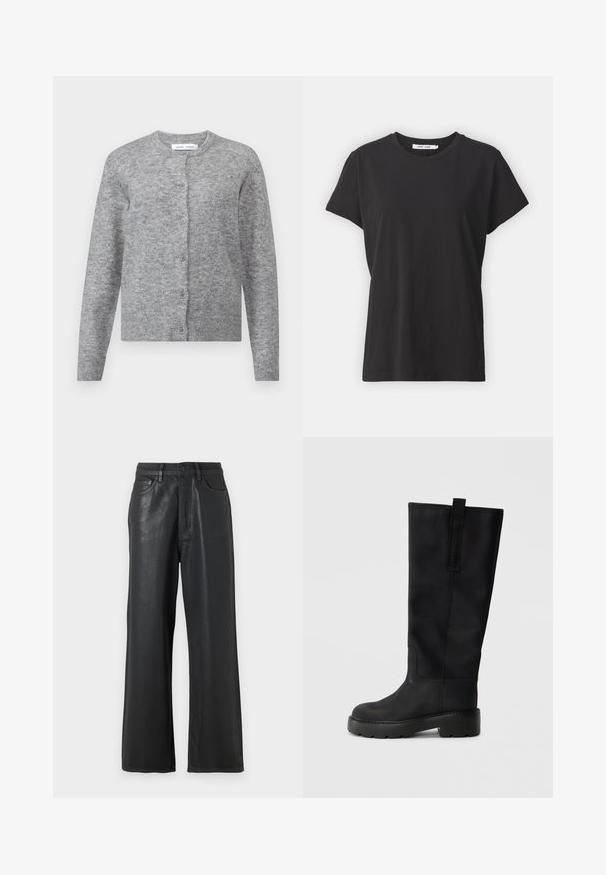 Grijze wollen cardigan met knopen, geribbelde manchetten en zoom. Ronde halslijn, zachte textuur, slimfit ontwerp. Geen zichtbare patronen of accenten.; Zwarte katoenen t-shirt met een klassieke ronde hals, korte mouwen en een ontspannen pasvorm. Soepele textuur, geen zichtbare patronen of accenten.; Zwarte wijde broek gemaakt van een glanzend materiaal. Bevat een knoopsluiting, riemlussen en voorzakken met een gladde structuur.; Zwarte kniehoge laarzen van soepel leer, met een ronde neus, een dikke zool met profiel en een lus aan de achterkant.