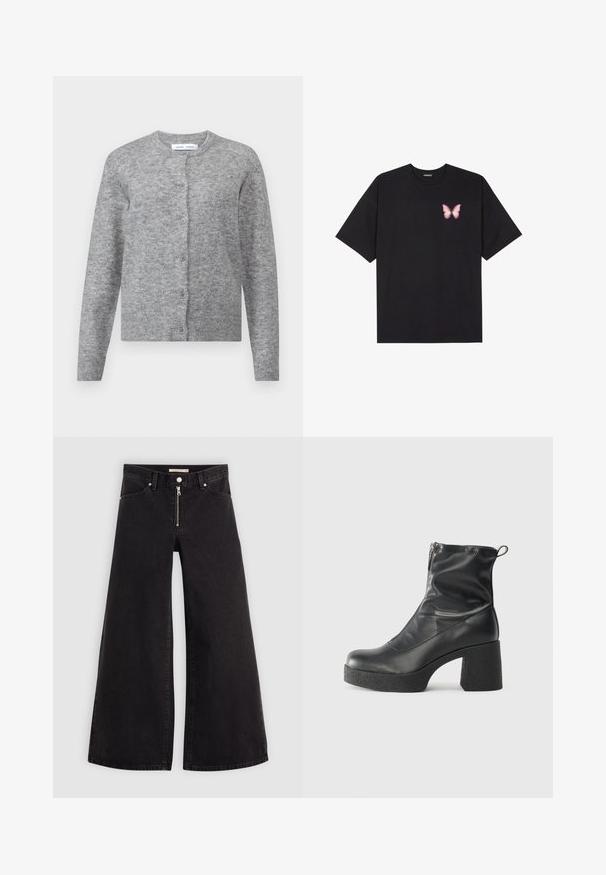 Grå ull cardigan med knapper, ribbede mansjetter og søm. Rund hals, myk tekstur, tettsittende design. Ingen synlige mønstre eller detaljer.; Svart bomulls T-skjorte med korte ermer, med en liten rosa sommerfugl grafikk på venstre bryst. Crew-neck design med en avslappet passform.; Vide benbukser i sort denim med glidelås i front, fem-lomme design og subtile sømdetaljer. Glatt tekstur og avslappet stil.; Svarte ankelstøvler laget av glatt lær, med glidelås på siden, chunky strukturert hæl, og rund tå-design.