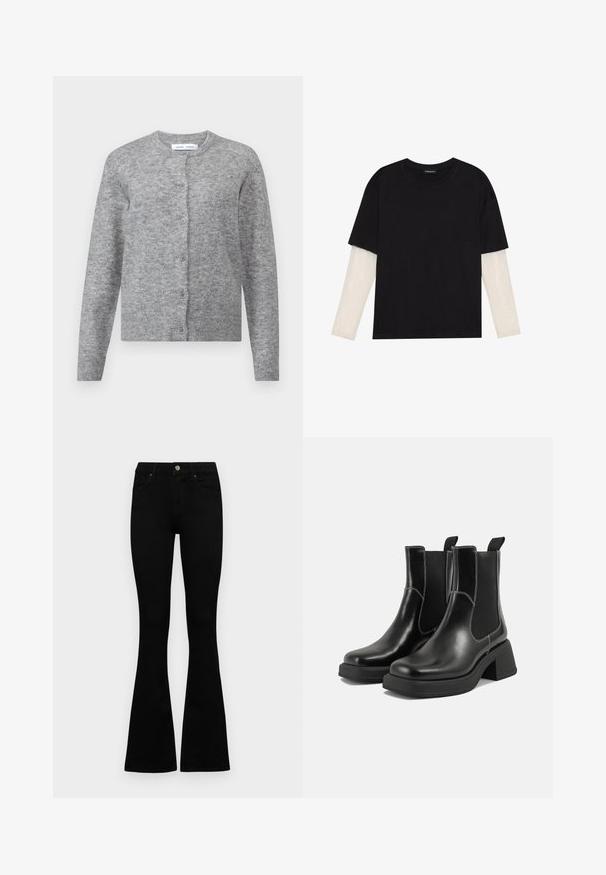 Pilkas vilnonis megztinis su mygtukais, raukšlėtais rankogaliais ir apatine dalimi. Apvalus iškirpimas, minkšta tekstūra, prigludęs dizainas. Nėra matomų raštų ar akcentų.; Juodas medvilninis marškinėliai su trumpomis rankovėmis, virš baltos ilgo rankovio sluoksnio, turinčio subtilų tekstūrinį raštą. Apvalus iškirpimas.; Juodos aukšto liemens džinsai su mygtuku ir užtrauktuku, priekinėmis kišenėmis ir platėjančiomis kojomis, išdėstyti ant baltos fono.; Juodos odinės Chelsea botai su storiu kulnu, elastinėmis šoninėmis panelėmis ir kontrastinga balta siūle. Tekstūruota apdaila.