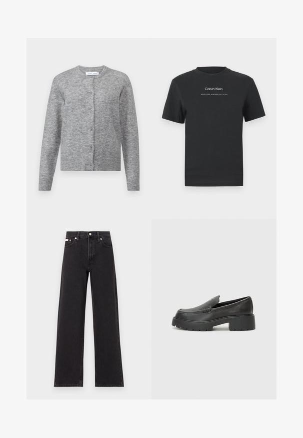 Sivý vlnený kardigán s gombíkmi, rebrovanými manžetami a lemom. Okružný výstrih, jemná textura, priliehavý strih. Bez viditeľných vzorov alebo akcentov.; Čierne bavlnené tričko s okrúhlym výstrihom, kratkými rukávmi a bielou potlačou loga "Calvin Klein" a textu "Established 1968".; Čierne široké džínsy vyrobené z denimu, s vysokým pásom, piatimi vreckami a kovovým zapínaním s kontrastným šitím.; Čierne kožené mokasíny s okrúhlou špičkou, hrubou textúrovanou podrážkou a minimom stehovej výzdoby. Štíhly dizajn bez viditeľných šnúr alebo kovania.