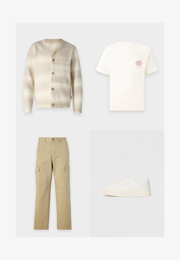 Only & Sons ONSMARCEL - Gilet - cloud dancer; T-shirt blanc à manches courtes avec le texte rouge "Édition Originals du Studio" sur la poitrine gauche, présenté sur un fond gris neutre.; Pantalons cargo beiges en coton, dotés de deux poches latérales, d'une fermeture à bouton et de jambes droites avec un tissu légèrement texturé.; Baskets blanches sans lacets avec une surface texturée, une semelle épaisse et un design minimaliste. Présente le logo de la marque sur le côté.