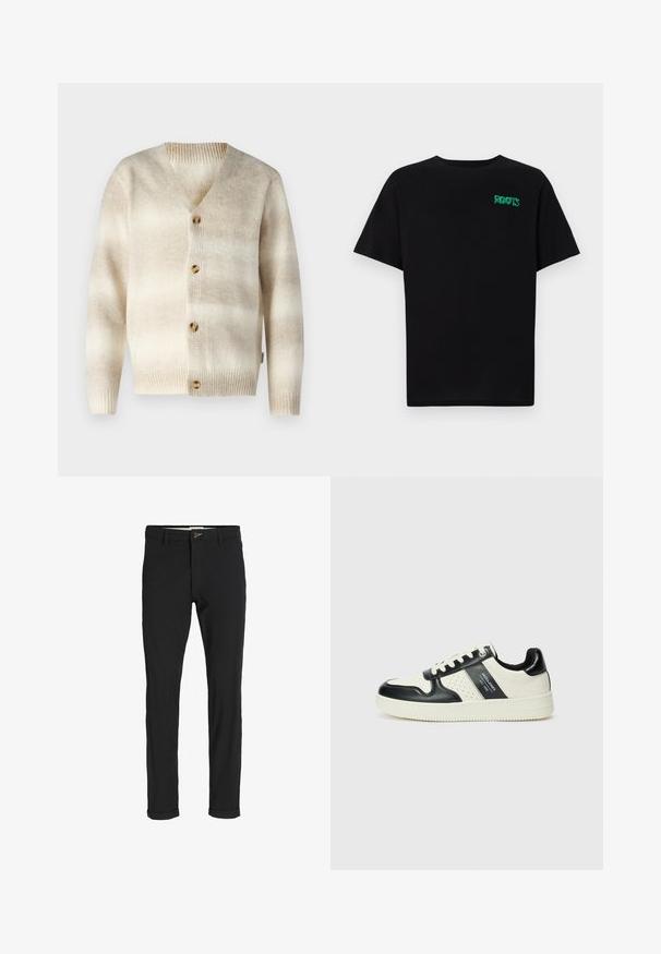 Only & Sons ONSMARCEL - Cardigan - cloud dancer; Black t-shirt made of cotton with short sleeves. Features a green "ROOTS" logo on the front, round neckline, and standard fit.; Black cotton blend pants with a slim fit, featuring a button closure, pockets, and rolled cuffs for a casual finish.; Leather sneakers with a black and cream color scheme, featuring perforated accents, a padded collar, and a textured outsole.